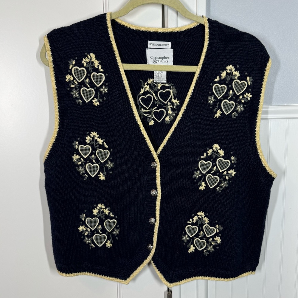 Vtg Hand-knit Christopher & Banks Sweater Vest Navy Yellow Hearts Flowers - Picture 1 of 5